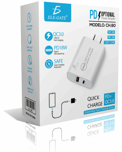 Mandotos International ELEGATE 20W USB-C Turbo Charger with QC3.0 for smartphones and laptops, compact and portable.