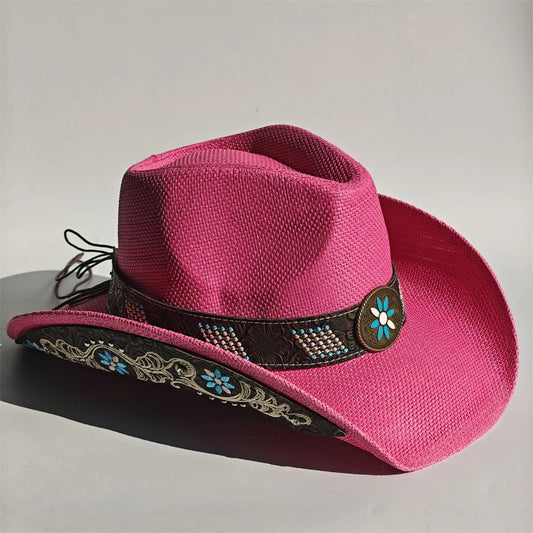 Embroidered Straw Cowboy Hat - Western Sun Hat for Women Men - Country Rodeo Cowgirl - MANDOTOS INTERNATIONAL