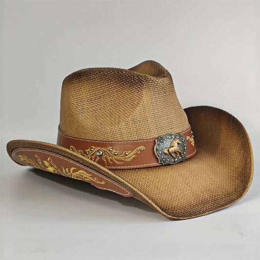Embroidered Straw Cowboy Hat - Western Sun Hat for Women Men - Country Rodeo Cowgirl - MANDOTOS INTERNATIONAL