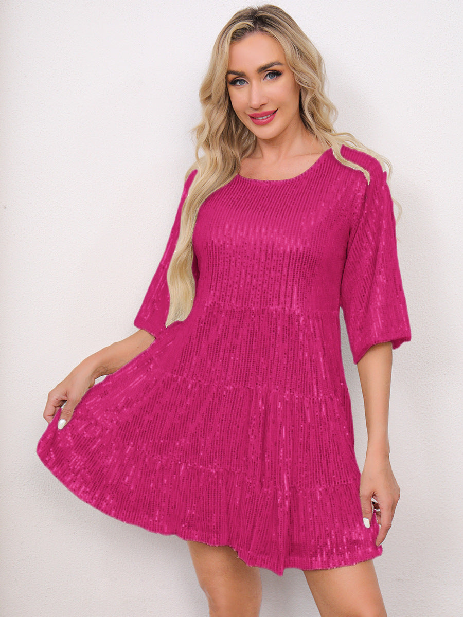 Mandotos International solid color loose waist short sleeve sequined skirt dress, suitable for banquets and formal events.