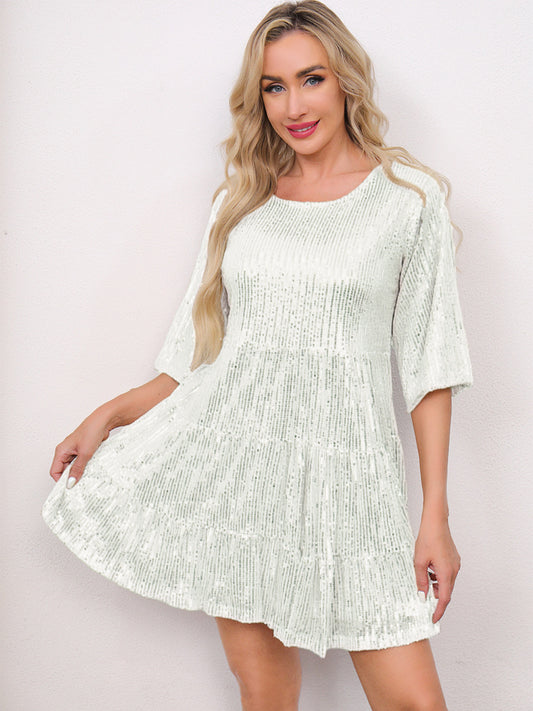 Mandotos International solid color loose waist short sleeve sequined skirt dress, perfect for banquets and fashionable cross-border trade events.