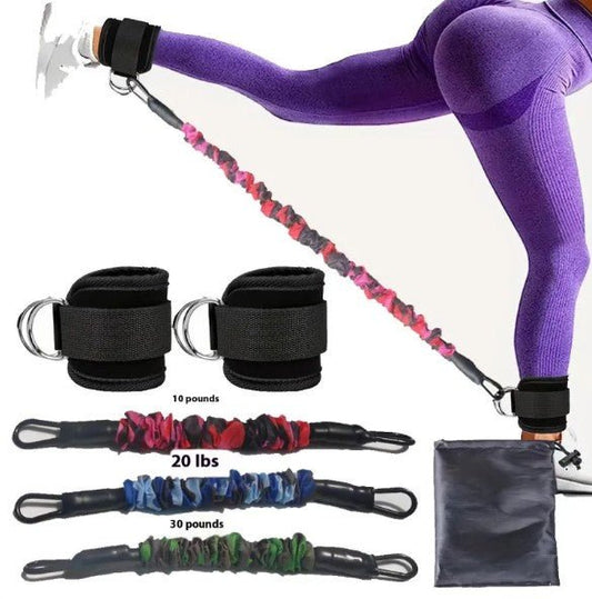 Mandotos International FlexFit ankle resistance bands for lower body strength training and physical therapy exercises.