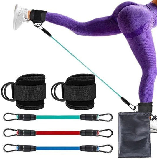 Mandotos International FlexFit ankle resistance bands for strength training and leg workouts, shown in a workout setting.