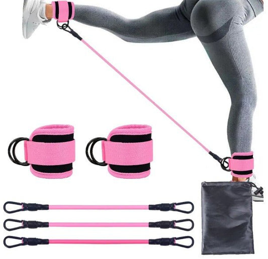 Mandotos International FlexFit ankle resistance bands used for strength training and leg exercises.