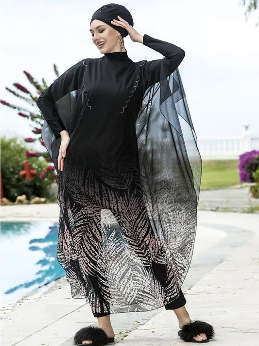 Floral burkini swimsuit for women by Mandotos International, modest swimwear perfect for middle-aged women at the beach or pool.