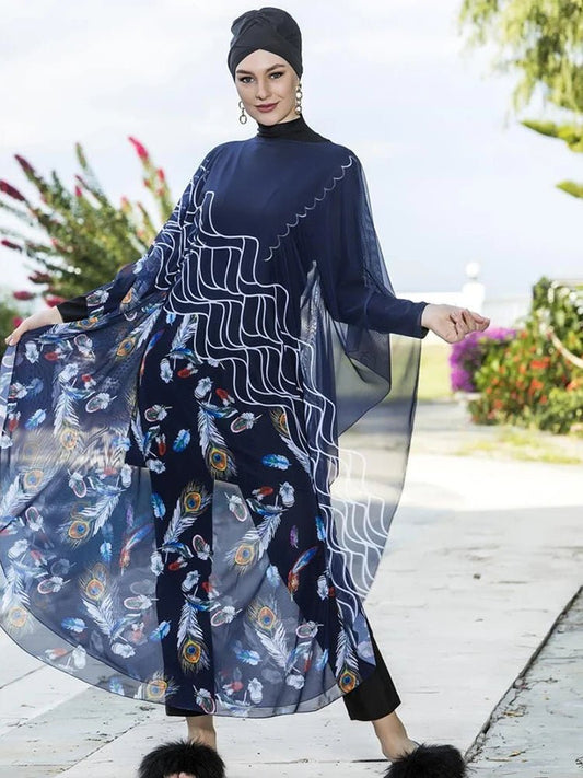Floral burkini swimsuit for women, modest swimwear for middle-aged women by MANDOTOS INTERNATIONAL, with floral pattern and full coverage.