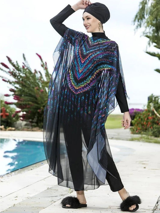 Floral burkini swimsuit for women by Mandotos International, modest swimwear designed for middle-aged women, with colorful floral pattern.