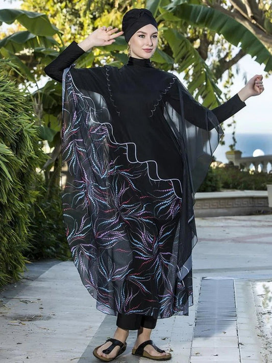 Floral burkini swimsuit for women, modest swimwear by MANDOTOS INTERNATIONAL, designed for middle-aged women, with colorful floral pattern