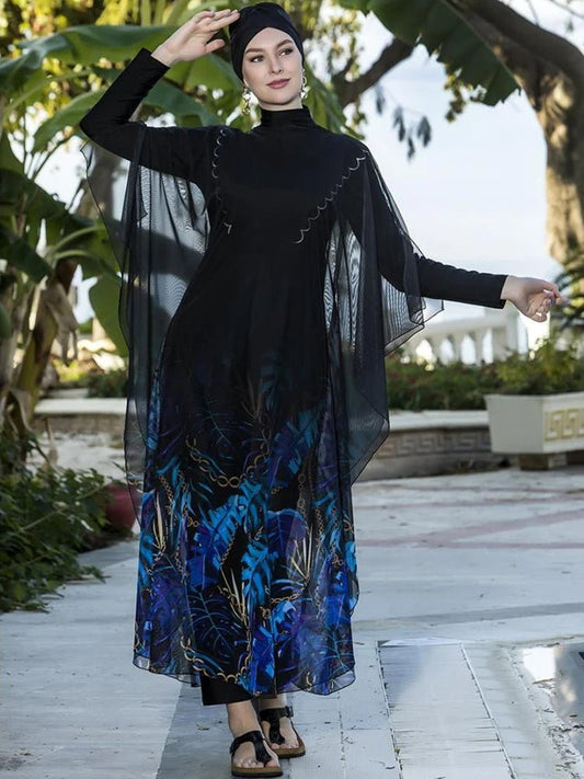 Floral burkini swimsuit for women by MANDOTOS INTERNATIONAL, modest swimwear for middle-aged women, with floral pattern and full coverage.