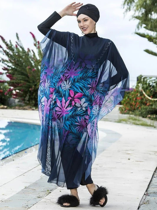 Mandotos International floral burkini for women, modest swimwear for middle-aged women, featuring a colorful floral pattern and full coverage.