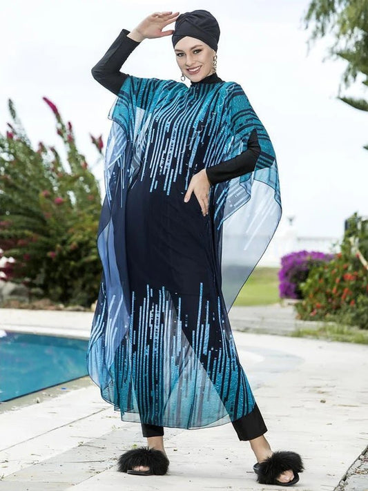Floral burkini swimsuit for women by MANDOTOS INTERNATIONAL, modest swimwear for middle-aged women, featuring a floral pattern and full coverage.
