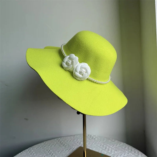 French style women's fedora hat with wide brim, felt material, suitable for winter and autumn, perfect for derby and jazz fashion.