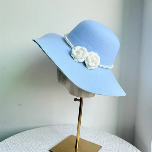 French style women's fedora hat with wide brim, felt material, suitable for winter and autumn, perfect for derby and jazz fashion.