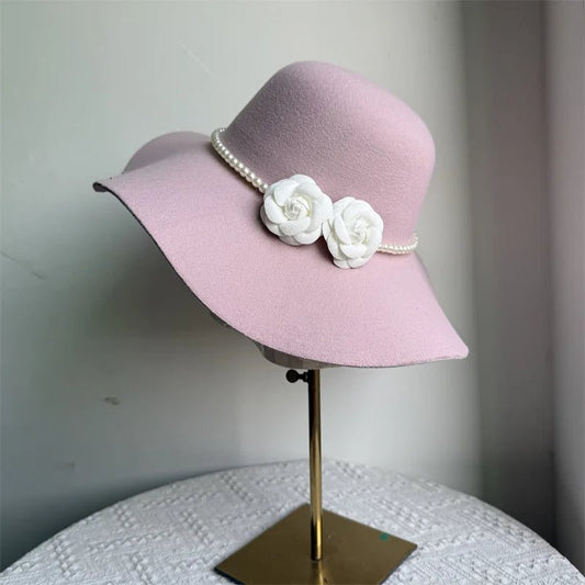 Mandotos International French-style women's fedora hat with wide brim, felt material, suitable for winter and autumn fashion.