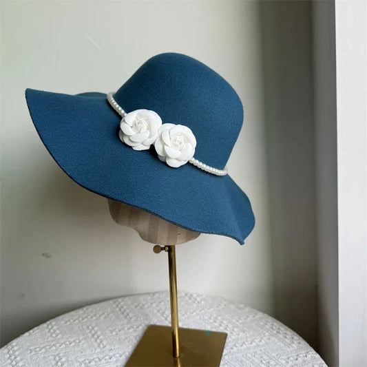 Women's French style fedora hat by MANDOTOS INTERNATIONAL, wide brim felt winter and autumn derby jazz hat.