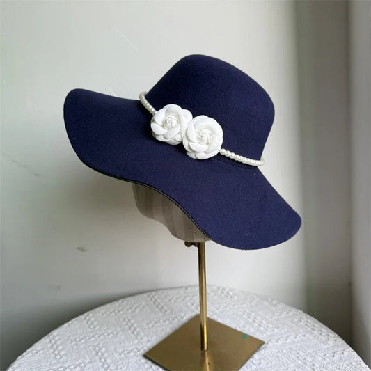 Women's French Style Fedora Hat by MANDOTOS INTERNATIONAL with wide brim felt design for winter and autumn jazz and derby fashion.