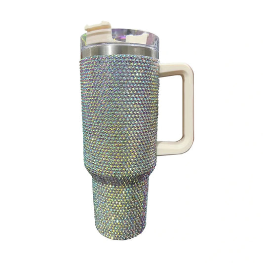 40oz glitter-coated stainless steel tumbler with diamond design, by MANDOTOS INTERNATIONAL, featuring a shiny, textured surface.