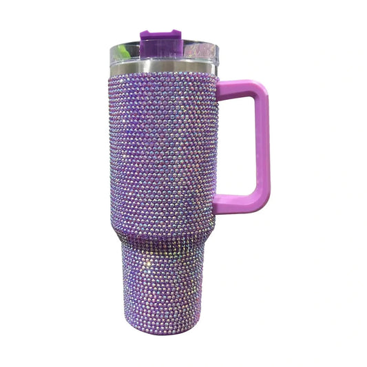 Mandotos International 40oz glitter-coated stainless steel tumbler with diamond design, featuring a sleek, colorful finish.