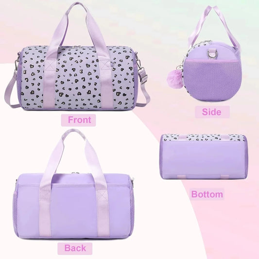 Mandotos International Glitter Hearts ballet bag for girls, versatile duffel travel and gym bag with colorful heart design and handles.