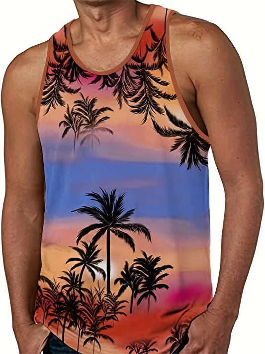 Hawaiian style palm print men's tank top by MANDOTOS INTERNATIONAL, perfect for summer beach trips and casual wear.