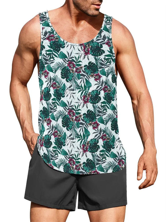 Hawaiian style palm print men's tank top by MANDOTOS INTERNATIONAL, ideal for summer beach trips and casual wear