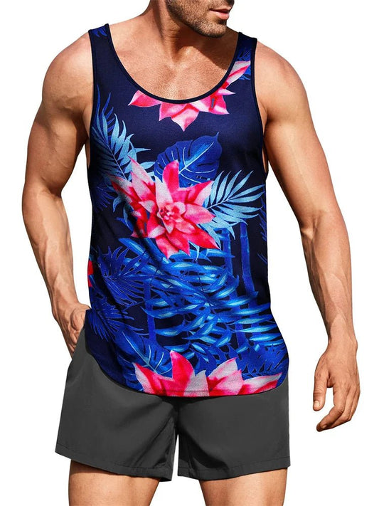 Mandotos International Hawaiian style palm print men's tank top, perfect for summer beach trips, featuring vibrant tropical design.