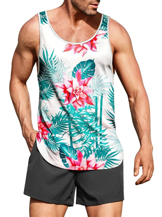 Hawaiian style palm print men's tank top by MANDOTOS INTERNATIONAL, perfect for summer beach trips and casual outdoor wear.