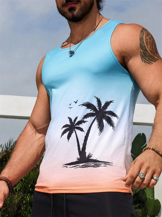 Mandotos International Hawaiian style palm print men's tank top, perfect for summer beach trips and casual warm-weather wear.