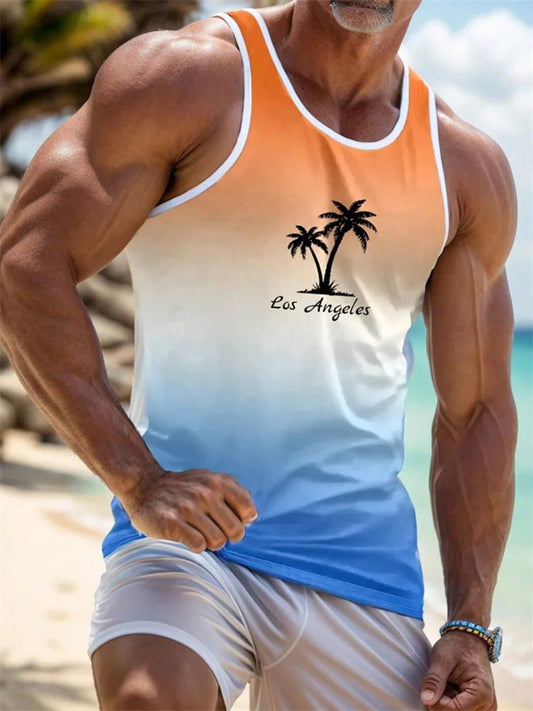 Mandotos International Hawaiian style palm print men's tank top for summer beach trips, featuring vibrant tropical design.