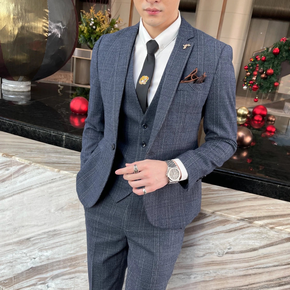 High-Quality British Korean Style Plaid Men's 3-Piece Business Casual Suit Set - MANDOTOS INTERNATIONAL