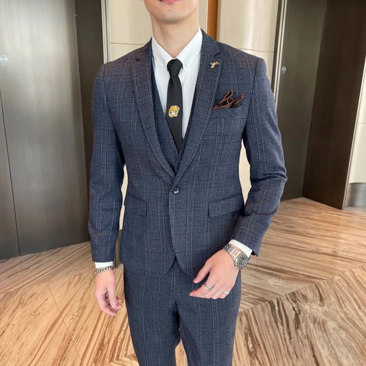British Korean style plaid men's 3-piece business casual suit set by MANDOTOS INTERNATIONAL, featuring a tailored blazer, vest, and pants.