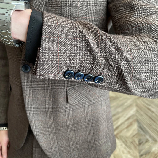 British Korean style plaid men's 3-piece business casual suit set by MANDOTOS INTERNATIONAL, featuring tailored blazer, vest, and trousers.