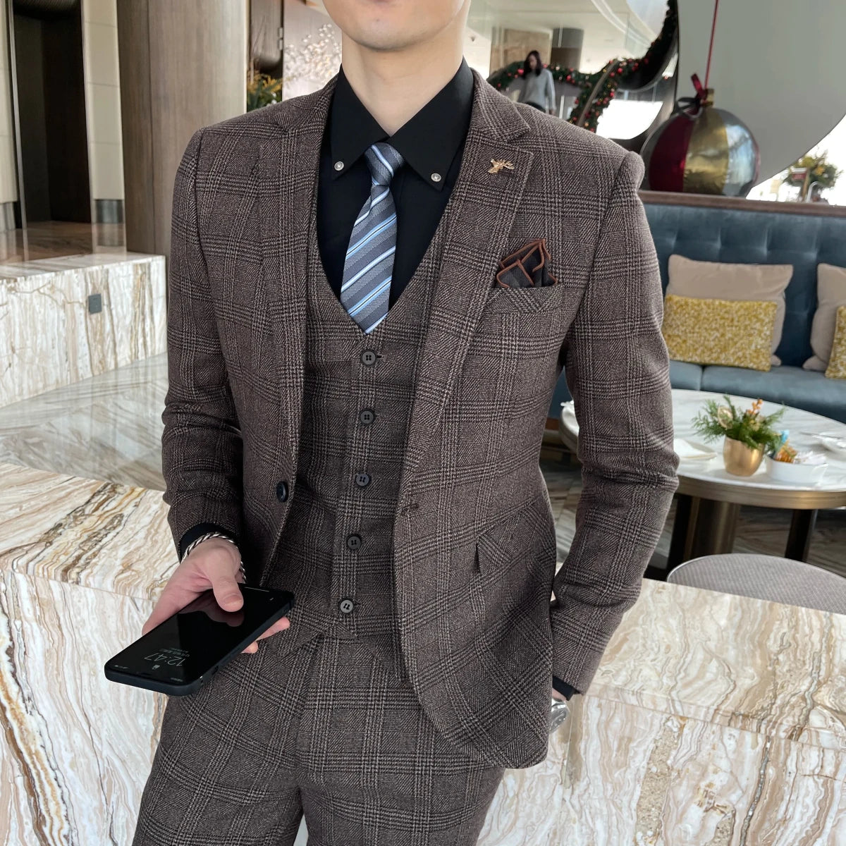 High-Quality British Korean Style Plaid Men's 3-Piece Business Casual Suit Set - MANDOTOS INTERNATIONAL