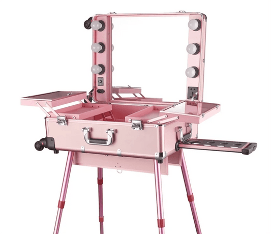 Mandotos International high-quality makeup travel rolling case with lights, cosmetic trolley with compartments for beauty essentials.