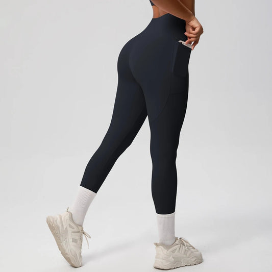 High Waist Women's Leggings Stretch Yoga Pants Tights With Pockets Push Up Fitness Running Sportswear Solid Color Pants - Mandotos International