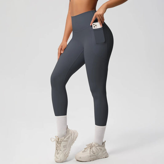 High Waist Women's Leggings Stretch Yoga Pants Tights With Pockets Push Up Fitness Running Sportswear Solid Color Pants - Mandotos International
