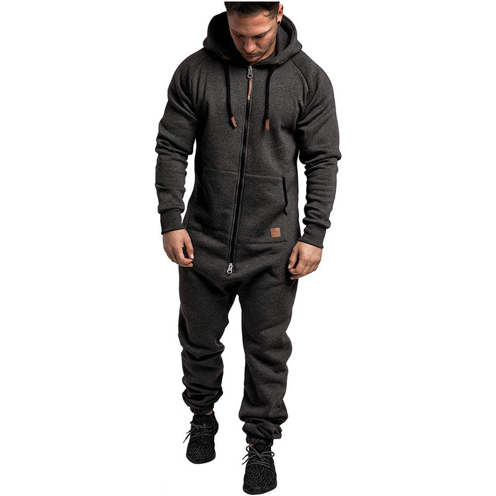 Mandotos International men's hooded fleece jumpsuit in solid color, casual and in-stock for foreign trade.
