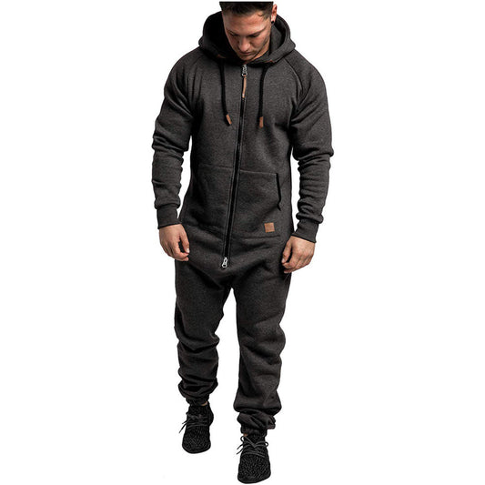 Mandotos International men's hooded fleece jumpsuit in solid color, casual and comfortable for everyday wear.
