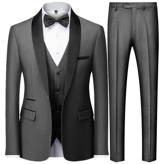 Large size men's three-piece suit by MANDOTOS INTERNATIONAL, slim fit style, suitable for autumn wedding parties, shown on a model.