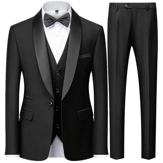 Large size men's three-piece suit by MANDOTOS INTERNATIONAL, slim fit style perfect for autumn wedding parties.
