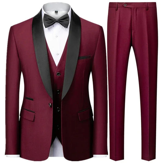 Large size men's three-piece suit by MANDOTOS INTERNATIONAL, slim fit style for autumn wedding parties, tailored and elegant.
