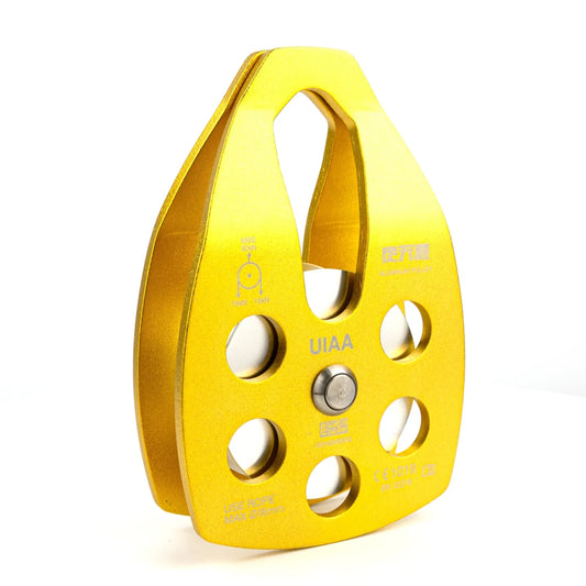 Mandotos International custom single fixed mountaineering pulley with climbing rope in outdoor travel kit, suitable for climbing and rescue.