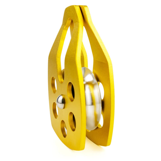 Mandotos International custom single fixed mountaineering pulley for outdoor climbing and travel kits, with climbing rope attached.