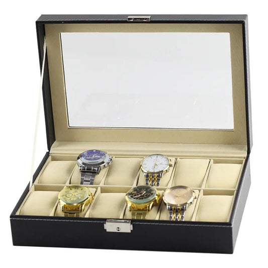 Luxury glass window watch case and jewelry box by MANDOTOS INTERNATIONAL, ideal for travel and gift storage.