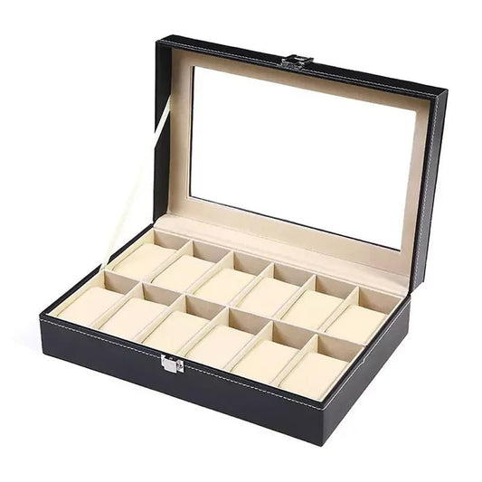 Luxury glass window watch case jewelry box by MANDOTOS INTERNATIONAL, ideal for travel and gift storage.