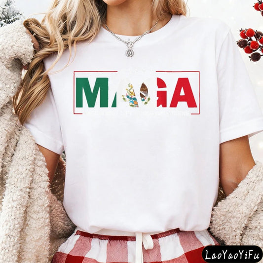 Mandotos International MAGA Mexicans Ain't Going Anywhere T-shirt with vintage Mexican letter print, casual summer clothing.