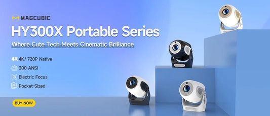 Mandotos International Magcubic Pro 4K Android 11 projector with dual WiFi 6 and Bluetooth 5.0, used for home and outdoor cinema viewing.