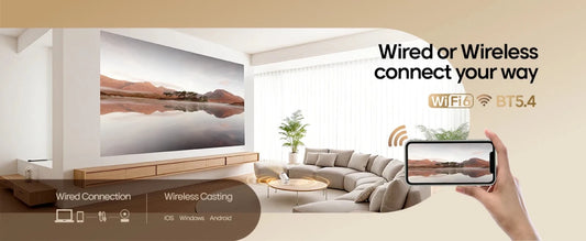 Mandotos International Magcubic Pro 4K Android 11 projector with dual WiFi 6 and Bluetooth 5.0, suitable for home and outdoor cinema use.