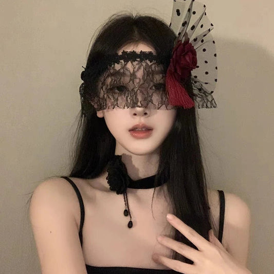 Mandotos International lace half face masquerade mask with gothic and elegant design, ideal for fancy dress, Halloween, and themed events.