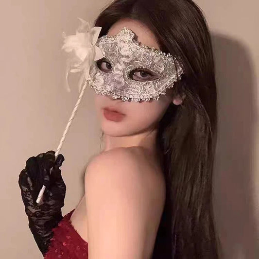 Elegant black lace half-face masquerade mask with gothic design, perfect for fancy dress, Halloween, and themed events.